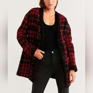 Mango Chan Red Plaid Oversized Wool Blend Tweed Like Blazer Sz XS